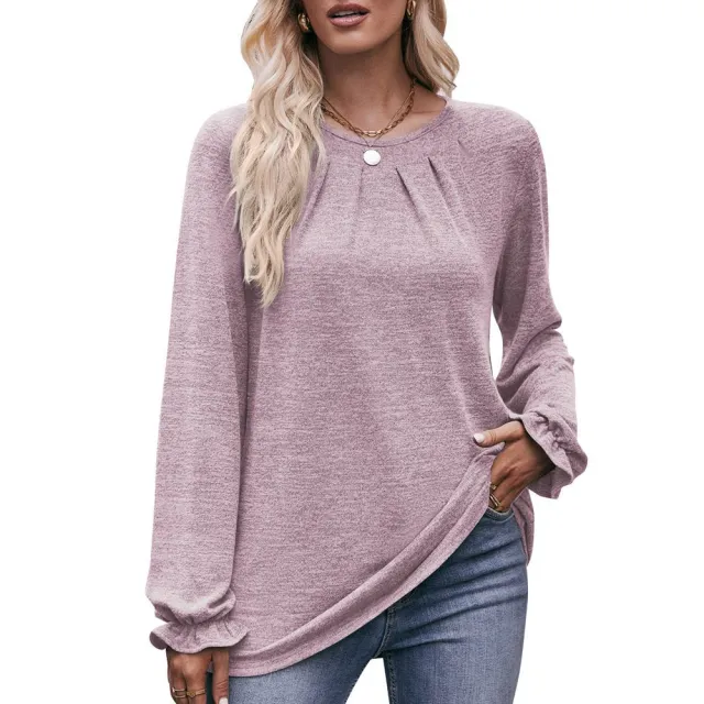 Autumn Women's Casual Round Neck Pleated Brushed T shirt Long Sleeve Top Light Purple - Shop at LoveMi