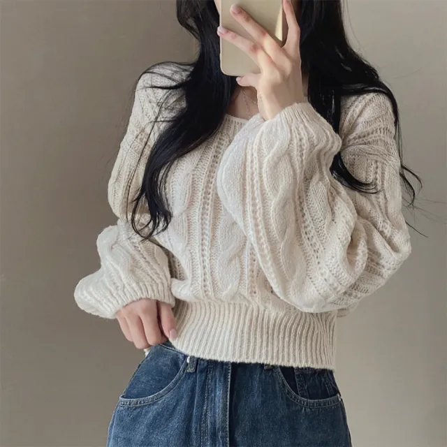 Idle Style Solid Color Lantern Sleeve Square Collar Pullover Sweater Milky White - Shop at LoveMi