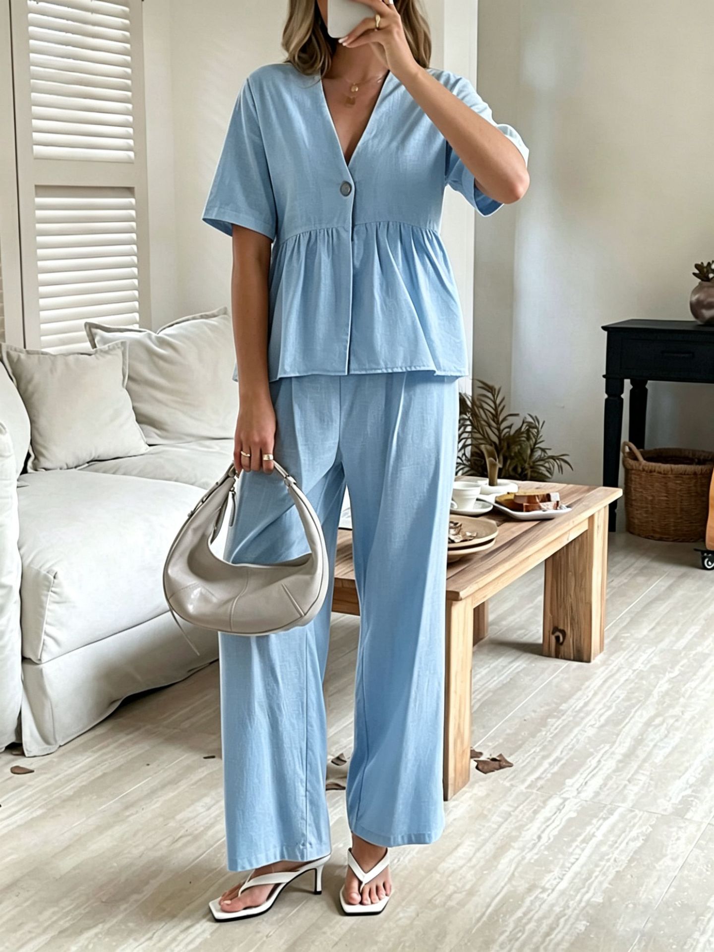Women's V-Neck Loose Set in Light Blue – casual style
