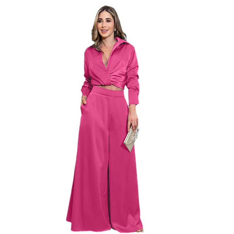 Women's Fashionable Pleated Long-sleeved Wide-leg Pants Suit