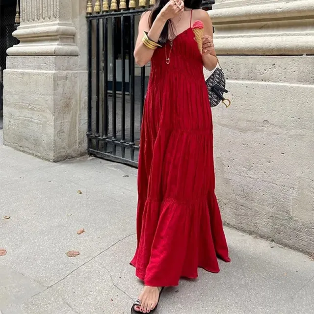 New Elegant Fashion Solid Color Casual Sling Long Dress Red - Shop at LoveMi