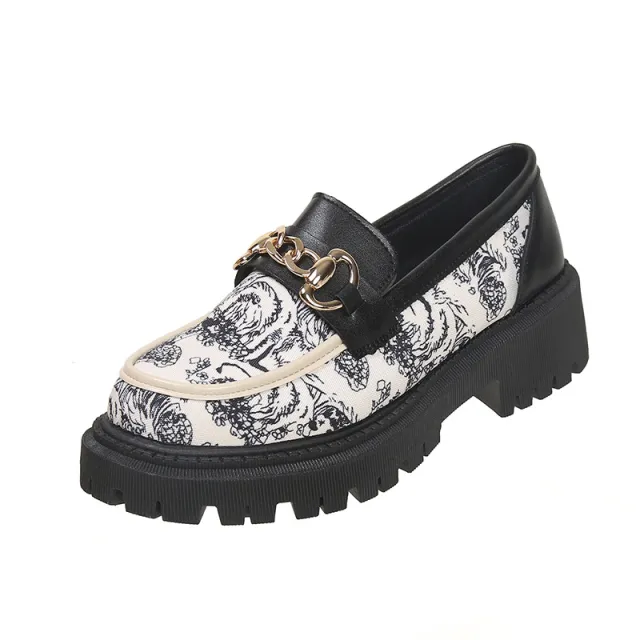 Plus Size National Style Muffin Platform Loafers Female Fashionable Golden Chain Black - Shop at LoveMi