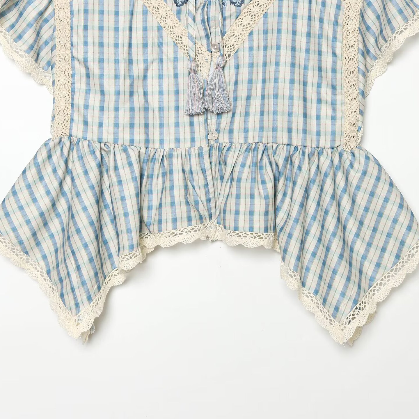 Womens Summer New Arrival Round-Neck Plaid Embroidered Hollow-Out Ruffle-Trim Top