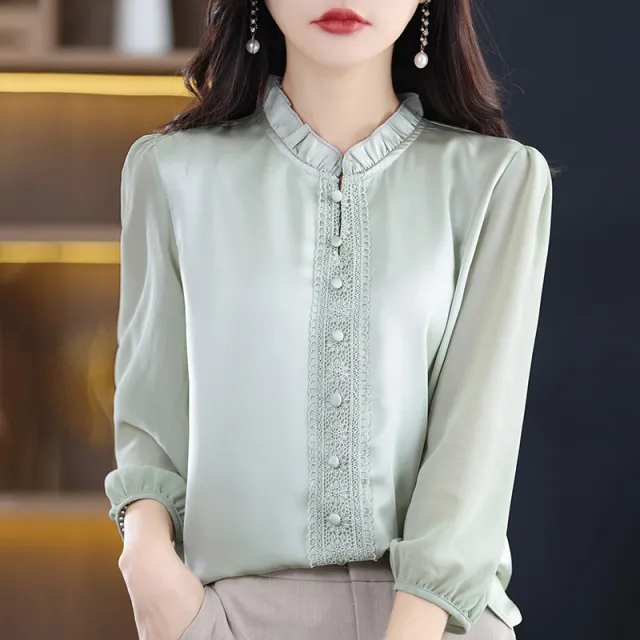 Ruffled Collar Solid Color Three quarter Length Sleeve Shirt For Women Matcha Green - Shop at LoveMi