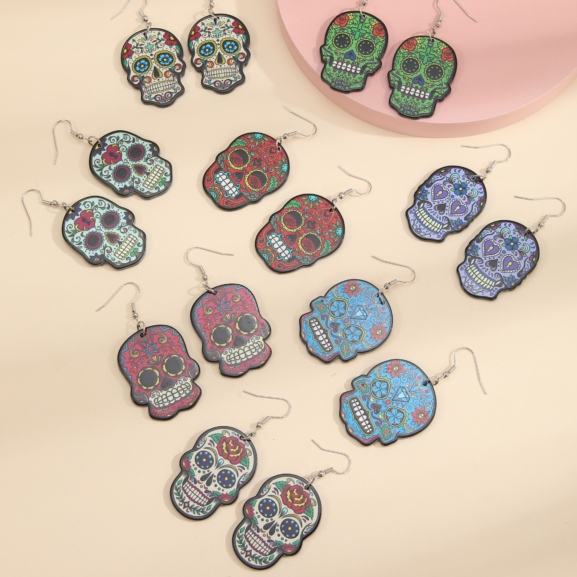 Color Printing Skull Big Ear Stud