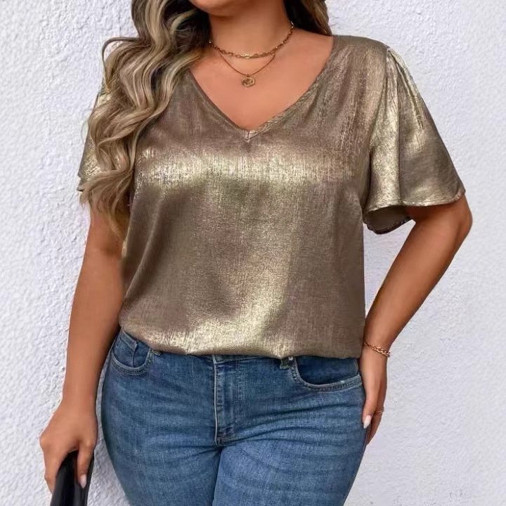 Loose-fit V-neck Solid-color Short-sleeve Top