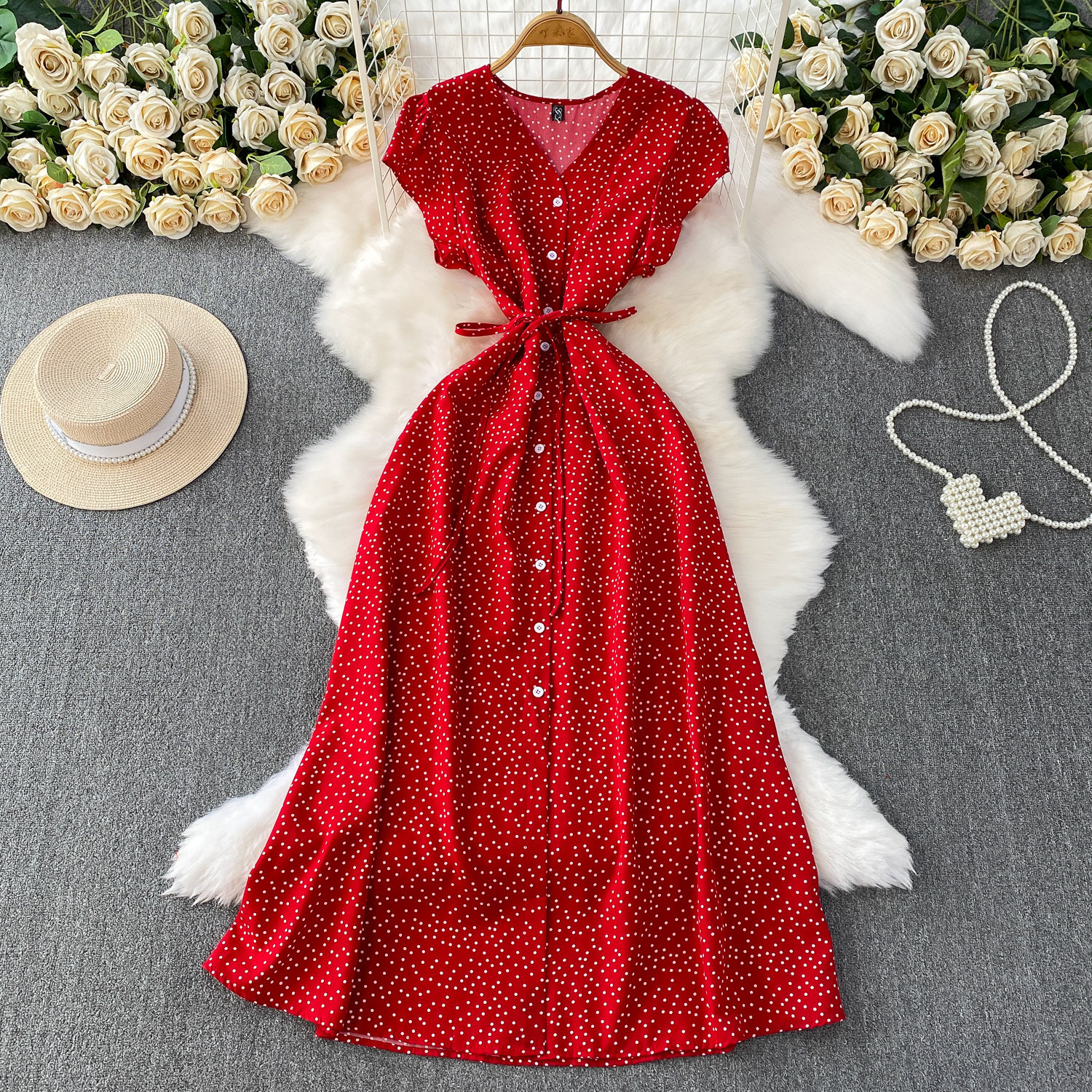 Womens Solid-Color Polka-Dot V-Neck Short-Sleeve Dress