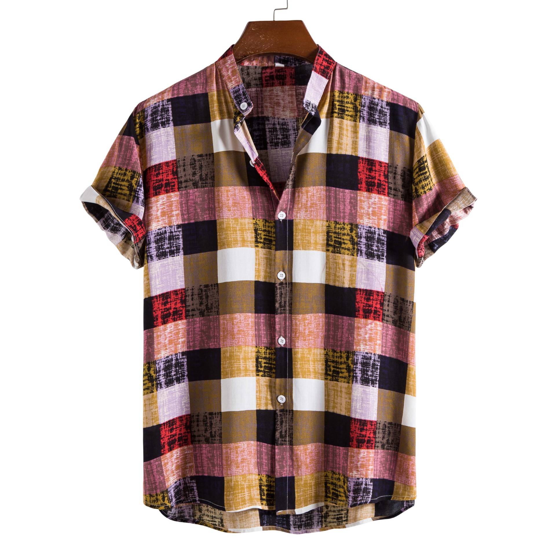 New Men's Fashionable Color Plaid Printed Stand Collar Short Sleeve Shirt
