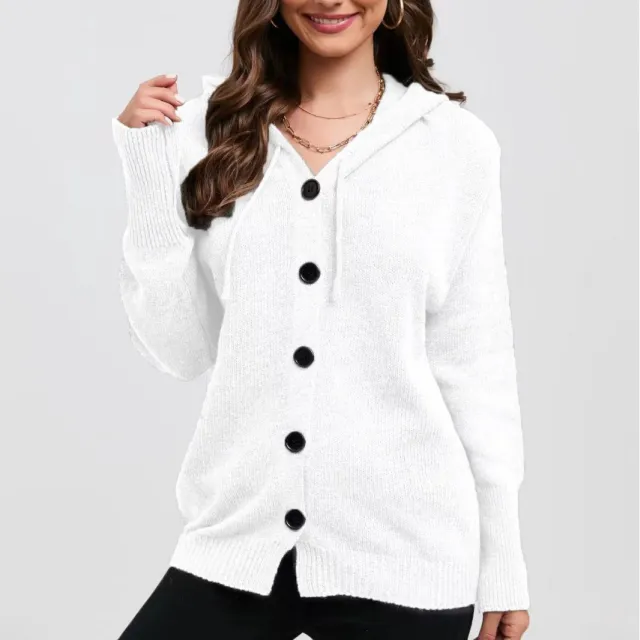 Women's Solid Color Hooded Single breasted Sweater White - Shop at LoveMi