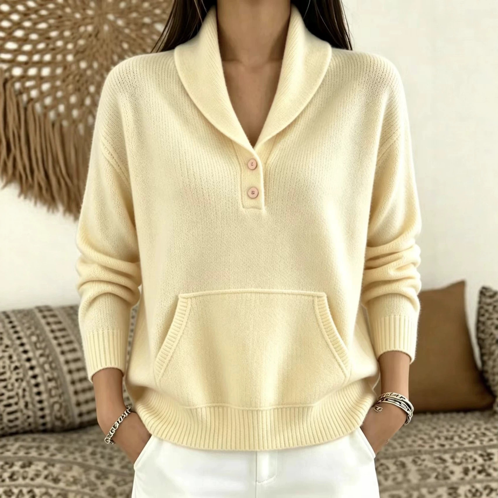 Suit Collar Button Kangaroo Pocket Sweater For Women 10