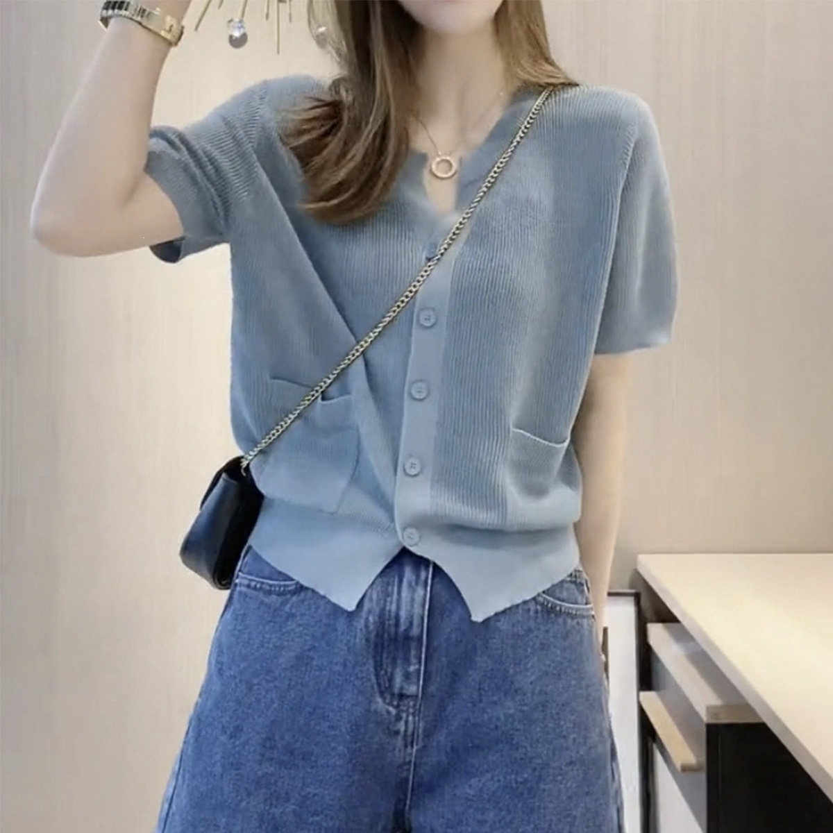 Womens Round-neck Blue Ice-silk Knitted T-shirt Top