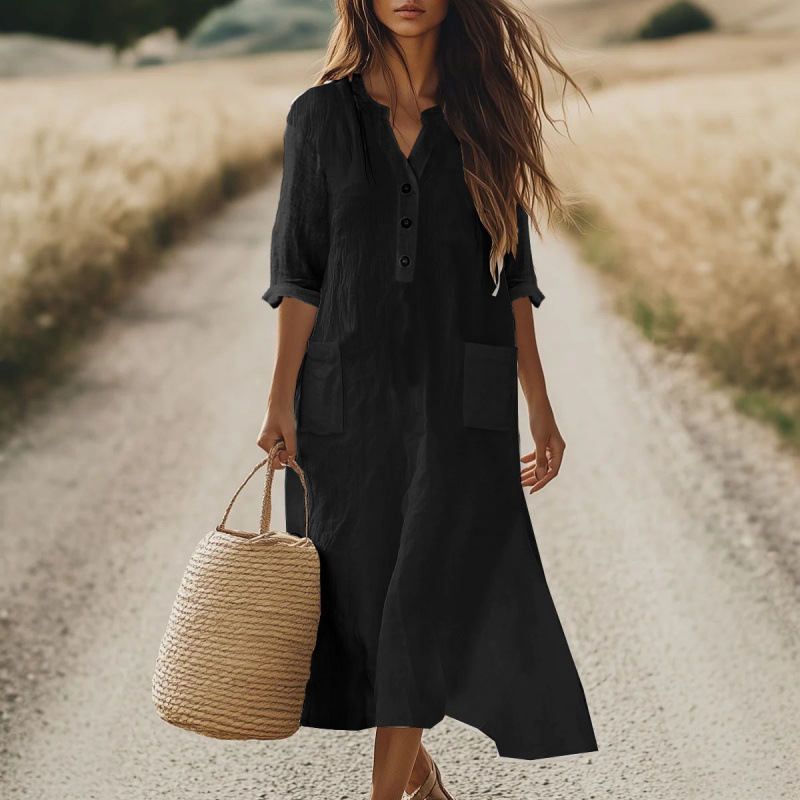 Women's Solid Color Loose Bohemian Resort Cotton Linen Dress With Pockets Black - Shop at LoveMi