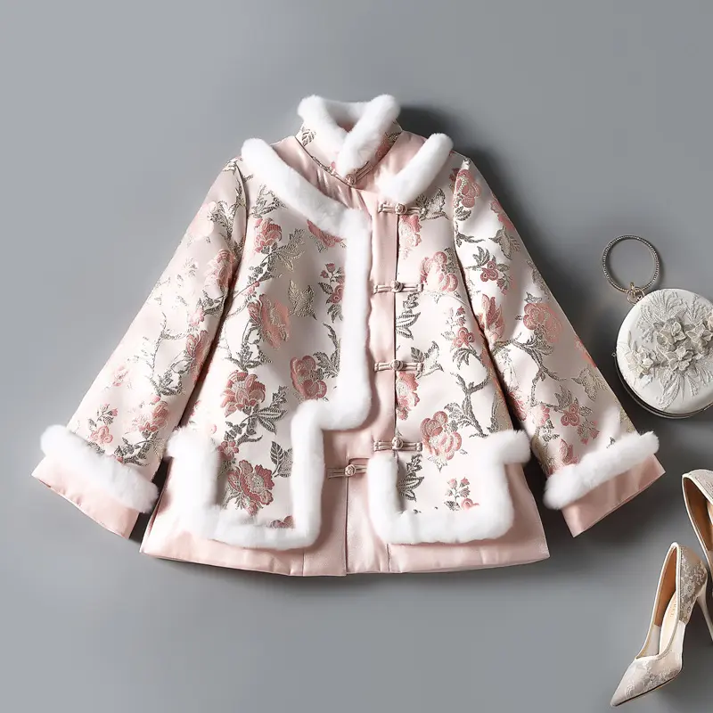 Stand Collar Rex Rabbit Fur Retro National Style Tang Suit Coat — Apricot Pink / S