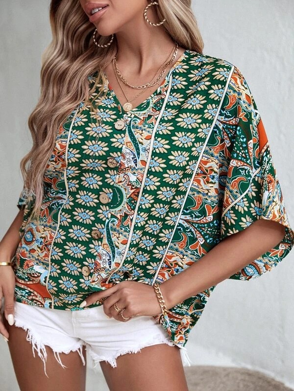 Women's Bohemian Print Button Detail Shirt
