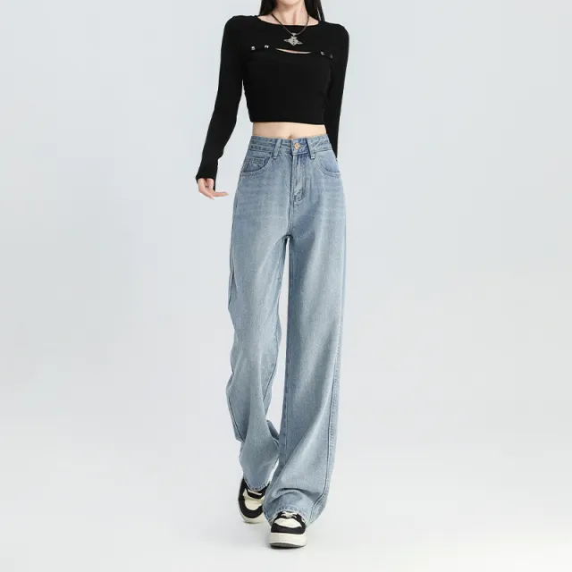 High Waist Slimming Narrow Version Straight leg Pants Commuting Girl Pants Light Blue - Shop at LoveMi
