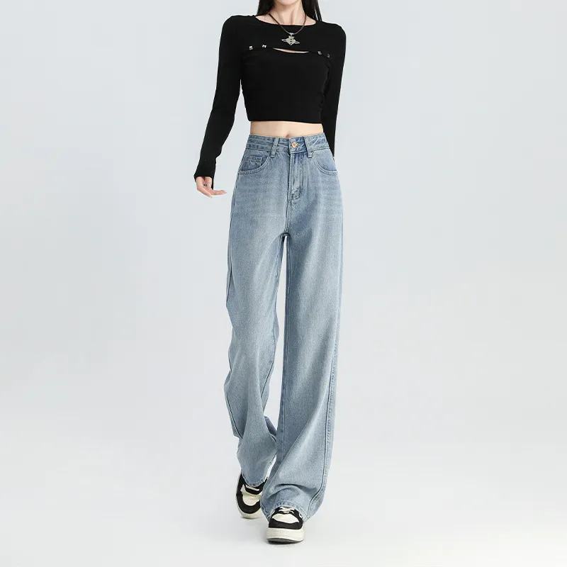 High Waist Slimming Narrow Version Straight-leg Pants Commuting Girl Pants - Light Blue