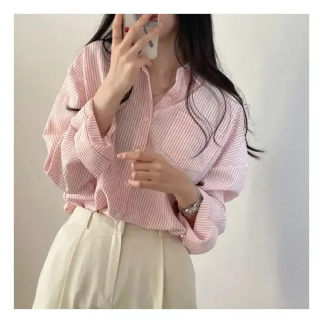 Casual Elegant High rise Wide Striped Long Fleece Shirt Women's Top Pink - Shop at LoveMi