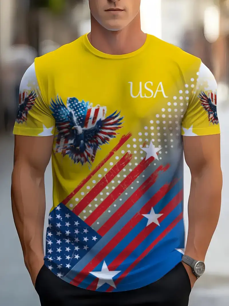 Men's T-shirt Printing Color Contrast Summer Round Neck Polyester Short Sleeve