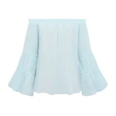 Pure Colour Slub Cotton Women Flare Sleeve Spring-summer Top - Blue - View 1