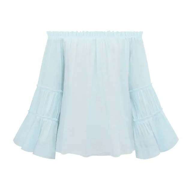 Pure Color Slub Cotton Women Flare Sleeve Spring summer Top Light Blue - Shop at LoveMi