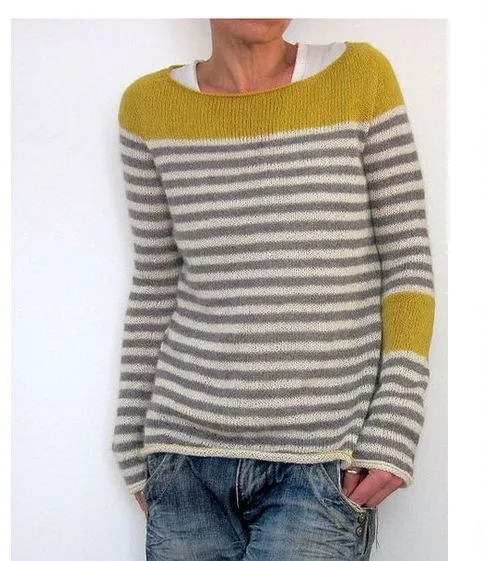 Round Neck Multicolor Loose Fashion Pullover Sweater - Striped Yellow
