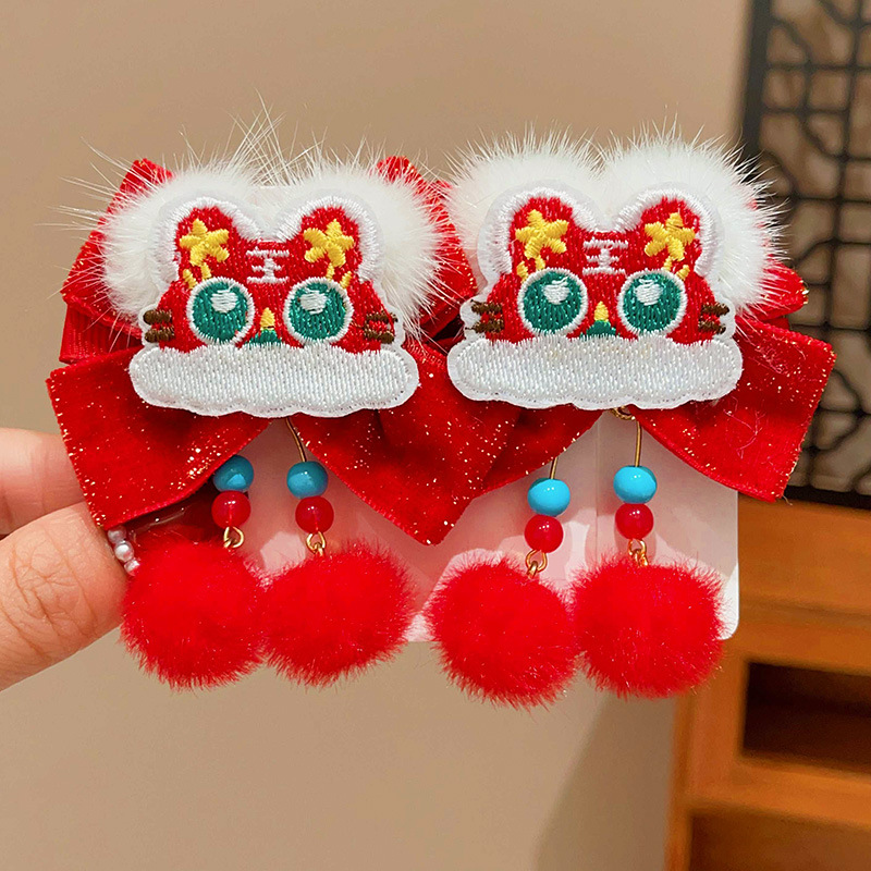 Chinese-style Lion Dance Bow-tie Tassel Pom-pom Hair Clip For Kids