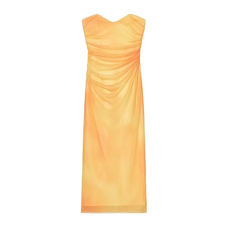 Slim Print Silk Net Tube Top Dress - Yellow