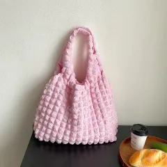Pleated Bubble Bag Girl One-shoulder Hand Carrying - Pink - View 1
