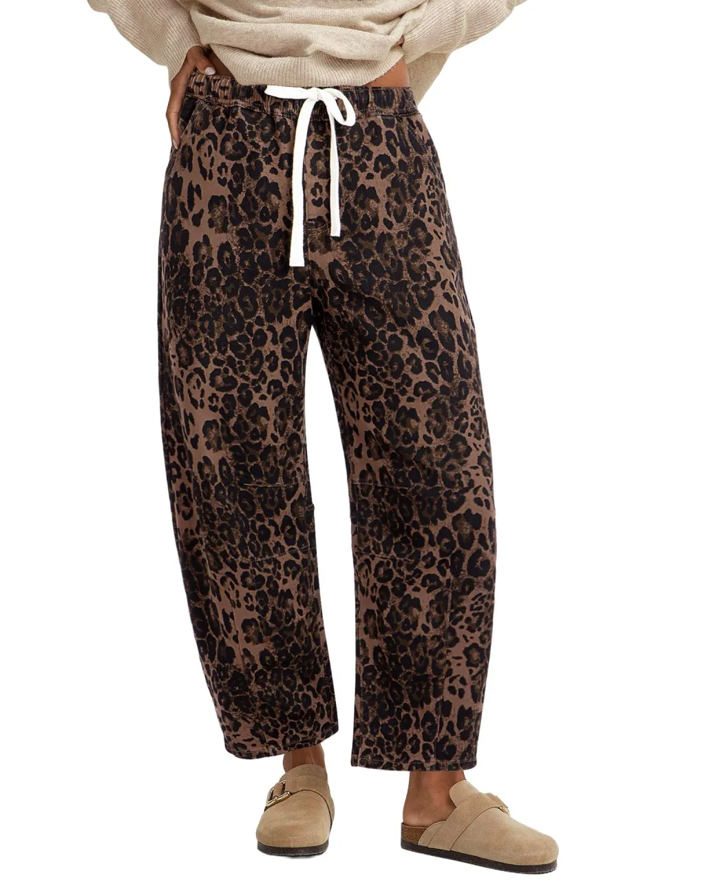Casual Straight Pants Elastic High Waist - Black Leopard Print