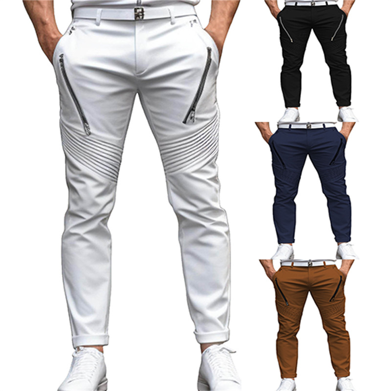 Men&#39;s fashion street daily solid color zipper pleated slim stretch pencil pants