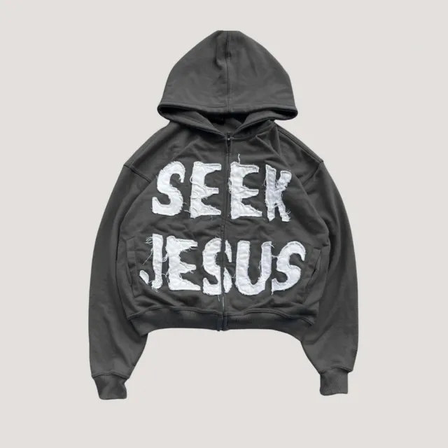 European And American Style Letter Printed Hoodie Zipper Cardigan Loose Hip Hop Sweater Gray - Shop at LoveMi