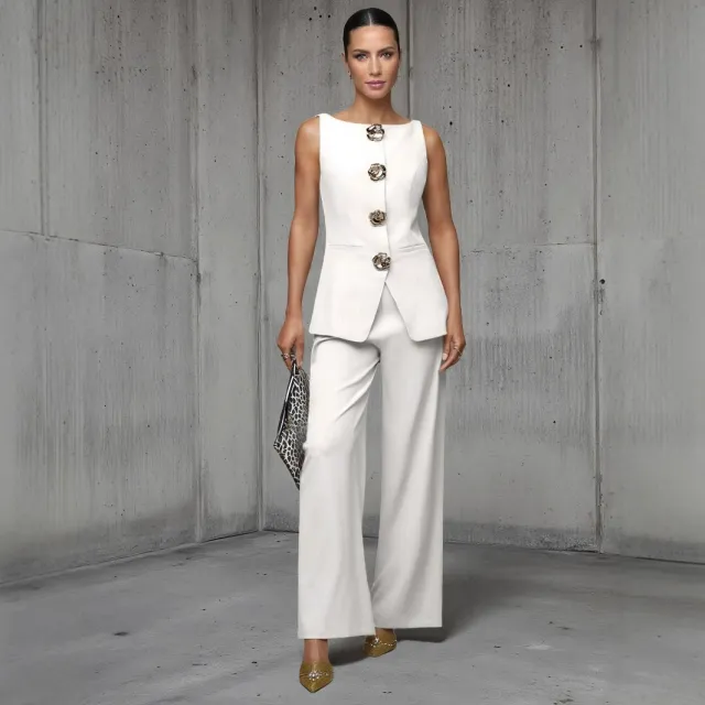 Women's Fashion Golden Button Vest Pants Casual Suit White - Shop at LoveMi