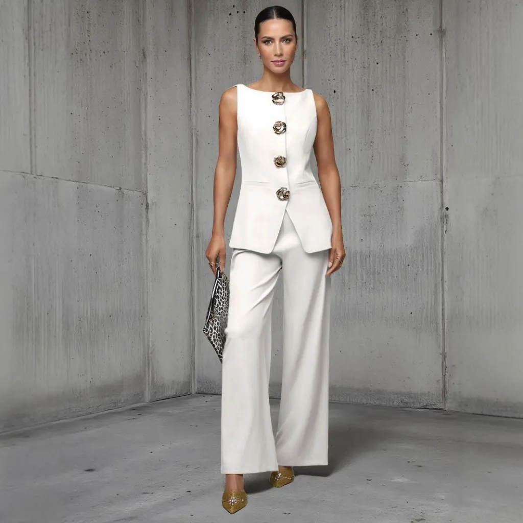 Women's Fashion Golden Button Vest Pants Casual Suit - White