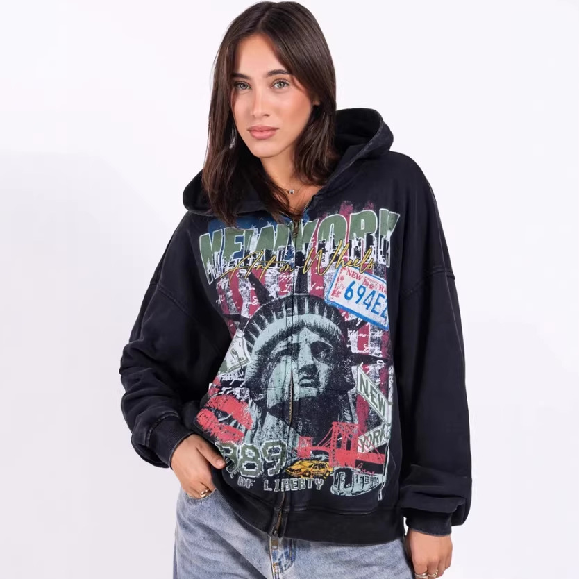 High-street Vintage Washed-and-distressed Print Hoodie With A Zip-up Hood