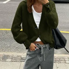 Fashionable Multi-color Sweater With Long Sleeves And Buttons For Women - Army Green - View 1