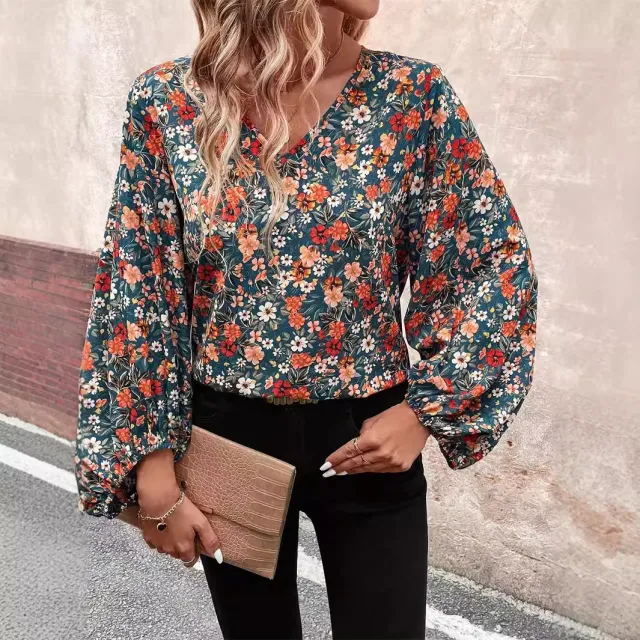 Women's V neck Long Sleeve Shirt Autumn Women Clothing Casual Color L - Shop at LoveMi