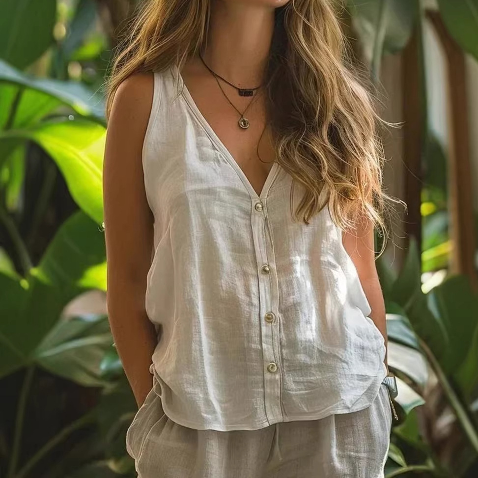 Women's Sleeveless V-Neck Button-Down Loose Top