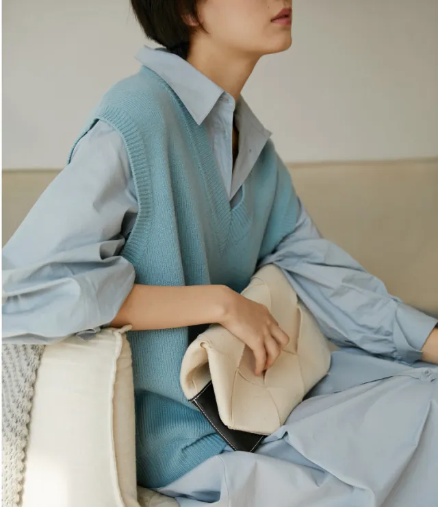 Solid Color Wool Vest Women's V neck Sweater Waistcoat Sleeveless Vest Sky Blue - Shop at LoveMi