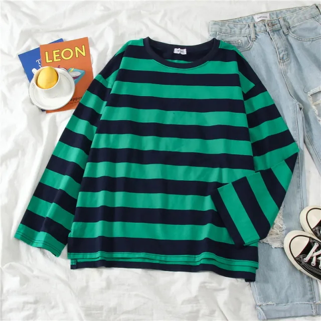 Fashion Loose fitting Long Sleeves T shirt Blue & Green Stripes - Shop at LoveMi