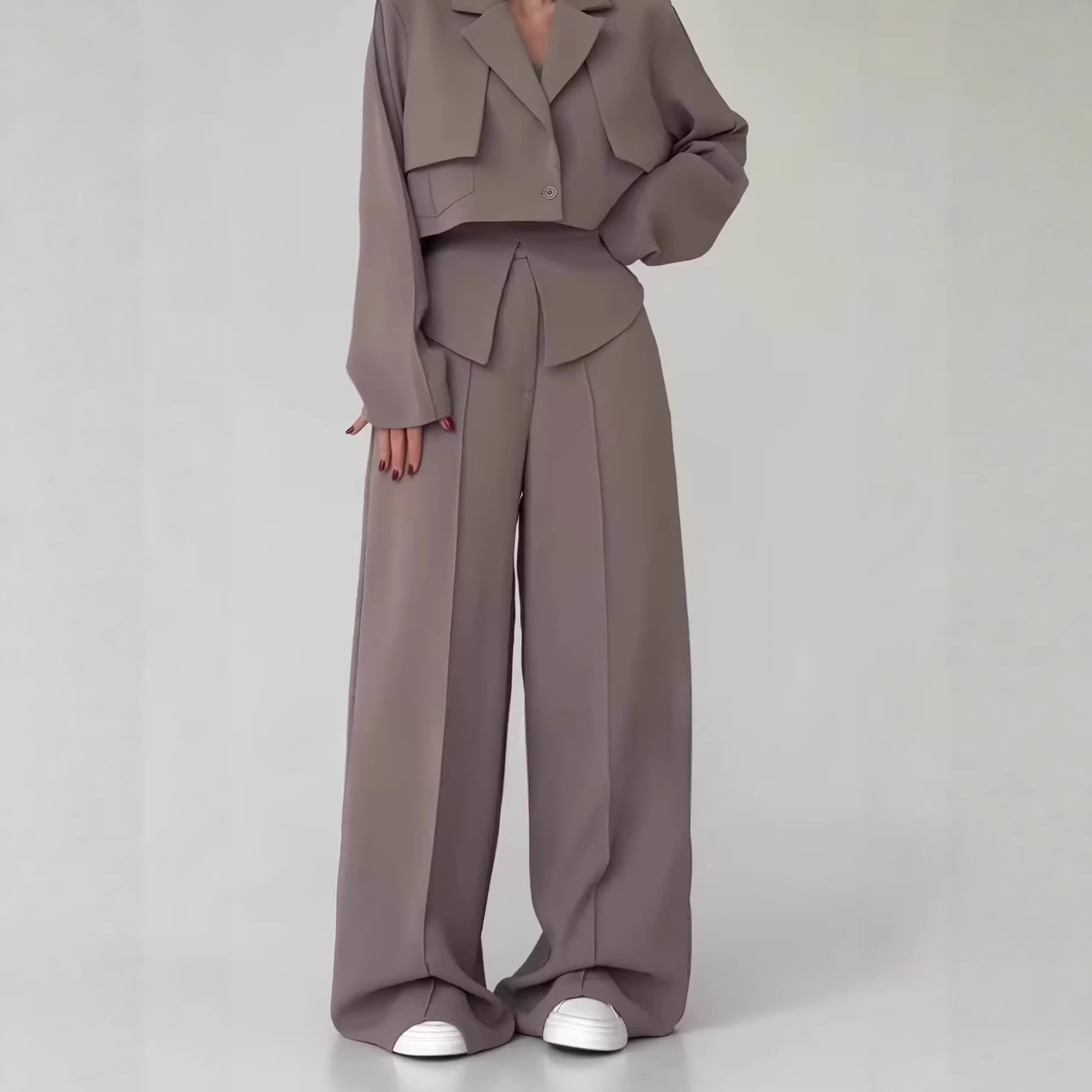 Womens Solid-color Elegant Blazer And Wide-leg Suspender Pants Set