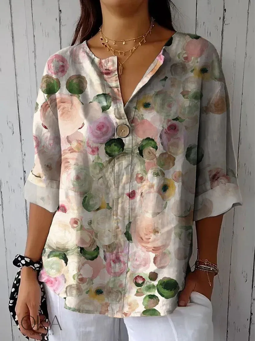 Summer New 3D Printed Women's Fashion V-neck Long Sleeve Shirt Top - Zj1032-5Xl