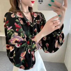 New Loose Lantern Sleeve Chiffon Printed Shirt For Women - Pink - View 1