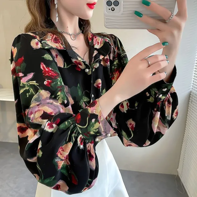 New Loose Lantern Sleeve Chiffon Printed Shirt For Women Pink - Shop at LoveMi