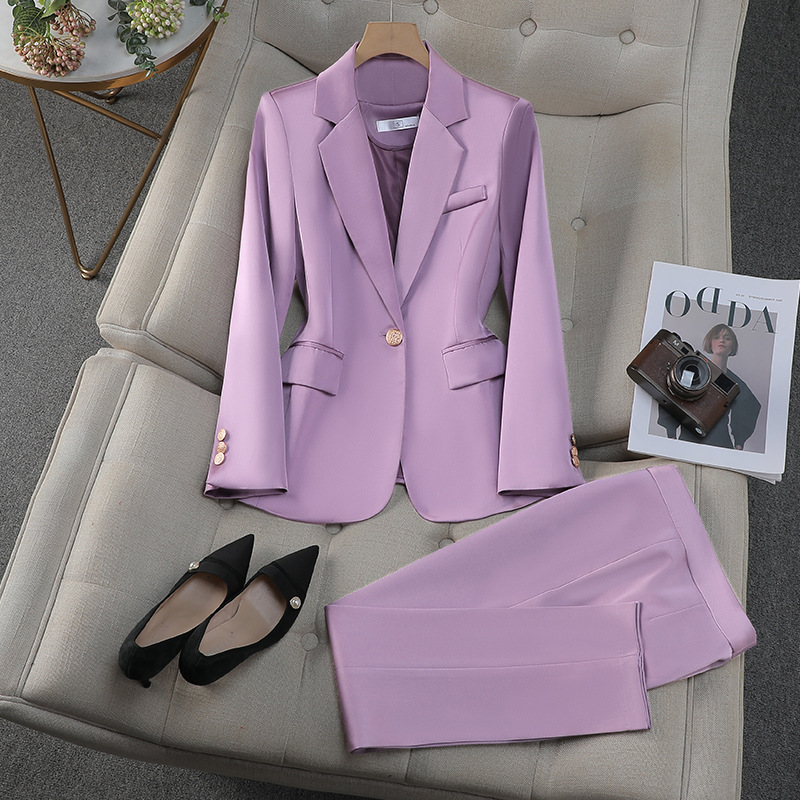 Acetate Satin Purple Suit Professional Womens Set 2024 AutumnWinter New Elegant Goddess-Style Commuter Workwear