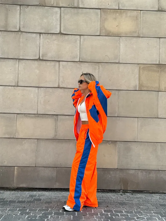 Casual Loose Color Matching Long Sleeve Zipper Cardigan Sports Suit Orange - Shop at LoveMi