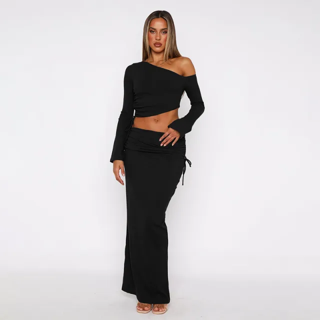 Women's Fashionable Off shoulder Top And Skirt Two piece Set Black - Shop at LoveMi