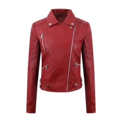 PU Women's Short Leather Oblique Pull Slim Motorcycle Clothing Washed Leather Jacket - Wine Red - View 1