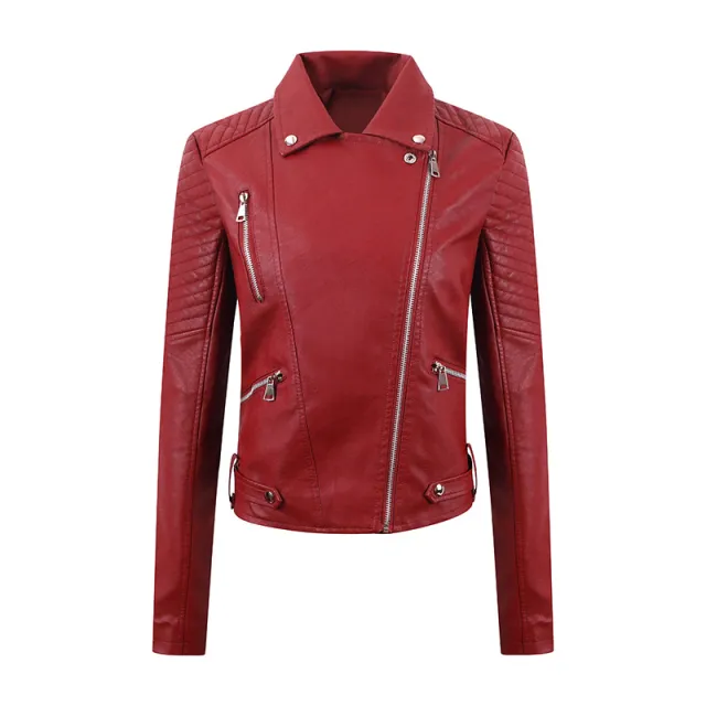 PU Women's Short Leather Oblique Pull Slim Motorcycle Clothing Washed Leather Jacket Wine Red - Shop at LoveMi