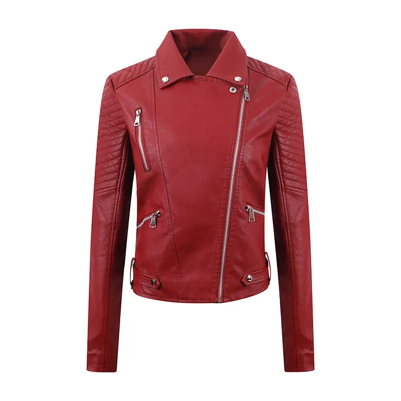 PU Women's Short Leather Oblique Pull Slim Motorcycle Clothing Washed Leather Jacket - Wine Red