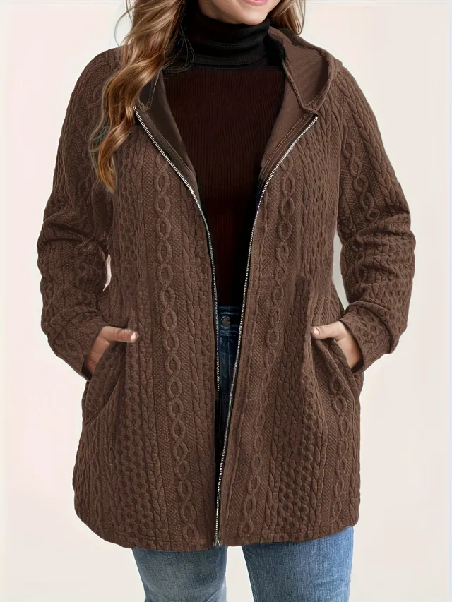 Women's Solid Color Wavy Pattern Patchwork Hooded Coat With Pockets Brown - Shop at LoveMi